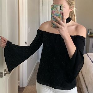 endless rose Off The Shoulder Bell Sleeve Choker Neck Top Black, size XS